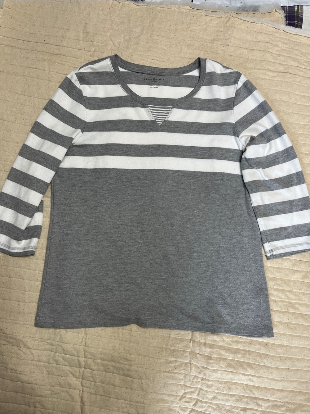 Karen Scott Gray and White Striped Scoop Neck Top